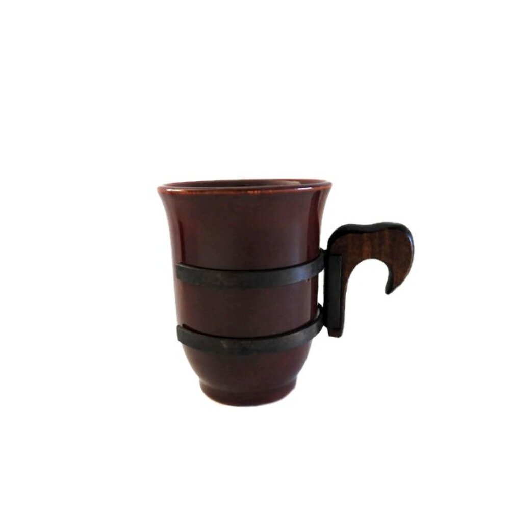 Brown Artisan Ceramic Small Mug Cup Removable Iron Wood Handle MCM USA